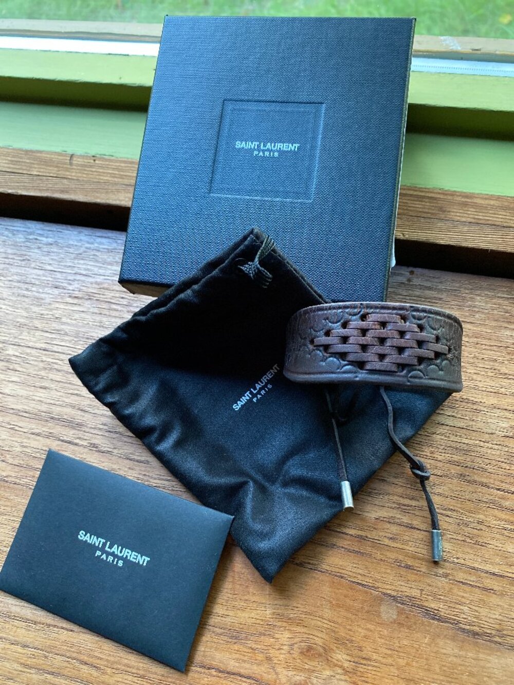 2015 Saint Laurent Dk Brn Leather Woven Leather Cuff Bracelet wBox Dust Bag Card